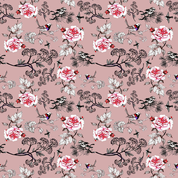 floral pattern with birds  - Φωτογραφία, εικόνα