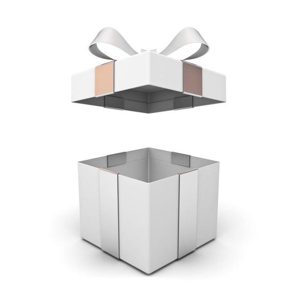 Open geschenkdoos, huidige doos met zilveren lint boog geïsoleerd op een witte achtergrond met schaduw 3d render - Foto, afbeelding