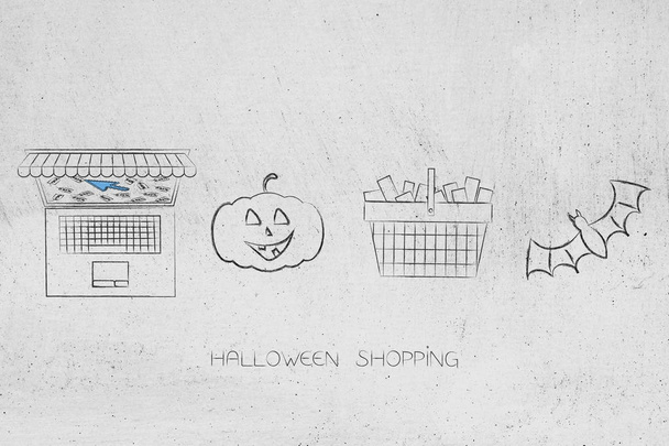 Halloween shopping laptop and cart with spooky pumpkin and bat i - Foto, Bild