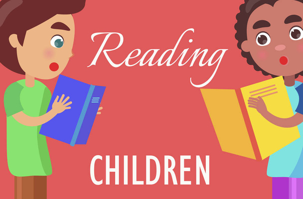 Reading For Children Poster with Boys Illustration - Вектор,изображение