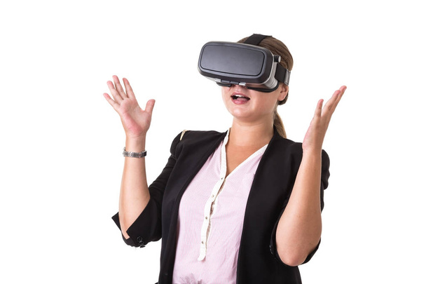 Businesswoman wearing black virtual reality glasses isolated on  - Foto, Imagen