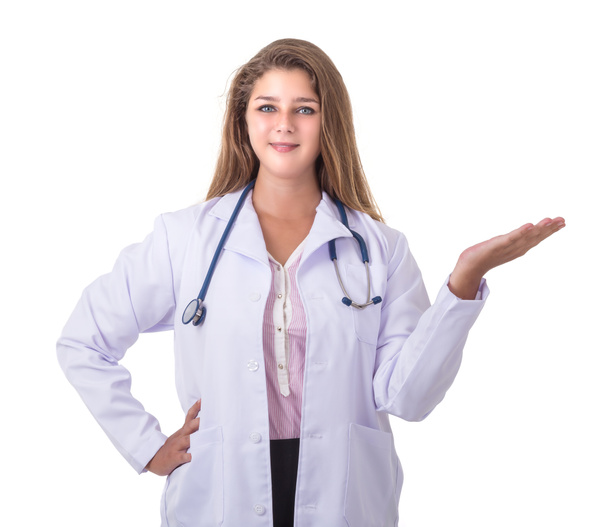 Hermoso médico caucásico usar traje blanco con estetoscopio azul
 - Foto, imagen