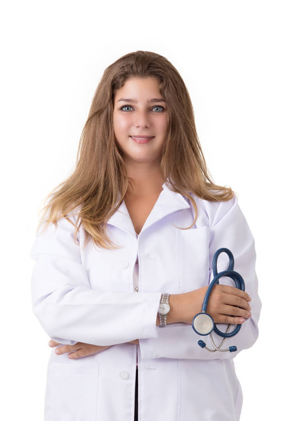 Beautiful caucasian doctor wear white suit with blue stethoscope - Фото, изображение
