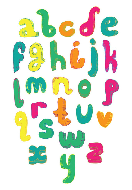 Světlé dopisy posloupnost od A do Z. Bright anglické písmo v ruce nakreslené od ruky styl šrafování a 3d dekorace - Vektor, obrázek