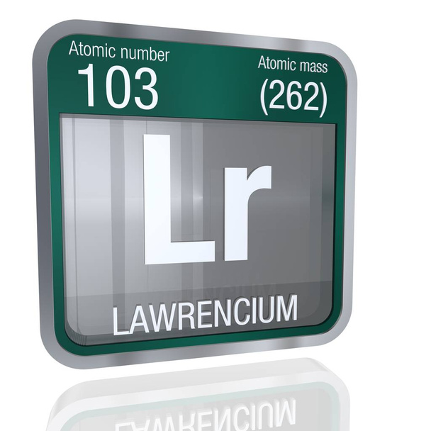 Lawrencium Symbol in quadratischer Form mit metallischem Rand und transparentem Hintergrund mit Reflexion auf dem Boden. 3D-Darstellung. Element Nummer 103 des Periodensystems der Elemente - Chemie - Foto, Bild