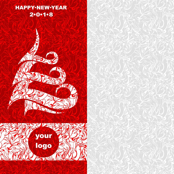 cartão de Natal corporativo de 2018 com uma árvore de Natal abstrata branca e espaço para um logotipo em um fundo vermelho
 - Vetor, Imagem