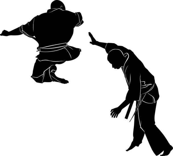Karate Kyokushinkai. Silueta de un karateka haciendo patada lateral de pie
 - Vector, imagen