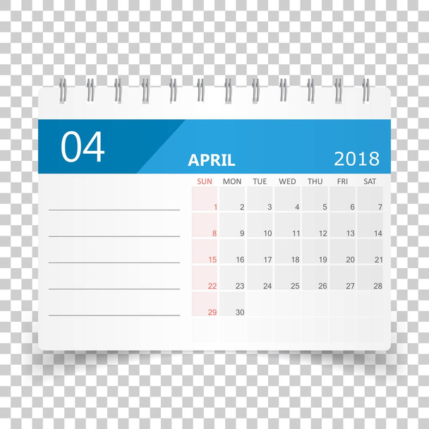 Kalender april 2018. Kalender planner ontwerpsjabloon. Ster van de week - Vector, afbeelding