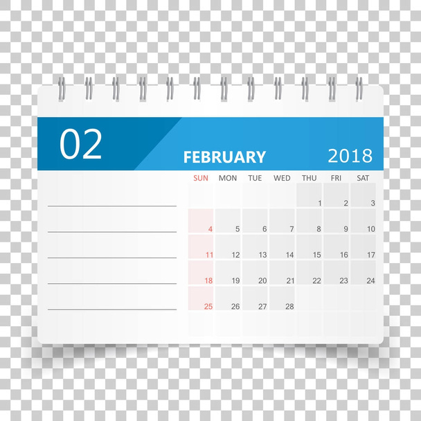 Календар лютий 2018 року. Шаблон дизайну планування календаря. Тиждень s
 - Вектор, зображення
