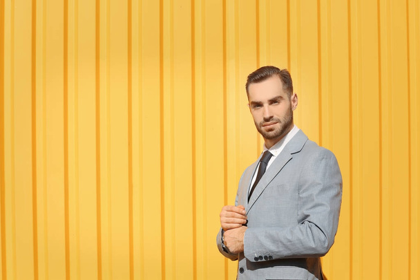 Handsome man in elegant suit on color background - Fotoğraf, Görsel