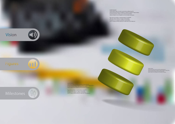 3D Illustration Infografik Vorlage mit Dreizylinderschräge angeordnet - Vektor, Bild
