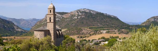 Corsica: veduta panoramica della cinquecentesca Chiesa di San Martino a Patrimonio, cittadina dell'Alta Corsica, circondata da verdi colline e vigneti
  - Foto, immagini