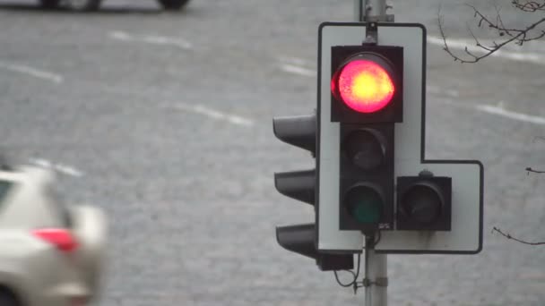 Rood verkeerslicht lichten tegen een achtergrond van bewegende auto's op de weg van een stad - Video