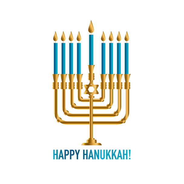 Χάλκινο menorah Hanukkah με αναμμένα κεριά. Έννοια ευχετήρια κάρτα διακοπών. Instagram ρετρό στυλ εβραϊκή παραδοσιακά κηροπήγιο - Διάνυσμα, εικόνα