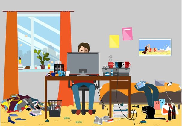 Ilustración de una sala desorganizada llena de pedazos de basura. Habitación donde el joven informático Guy, Bachelur o Estudiante vive
 - Vector, imagen