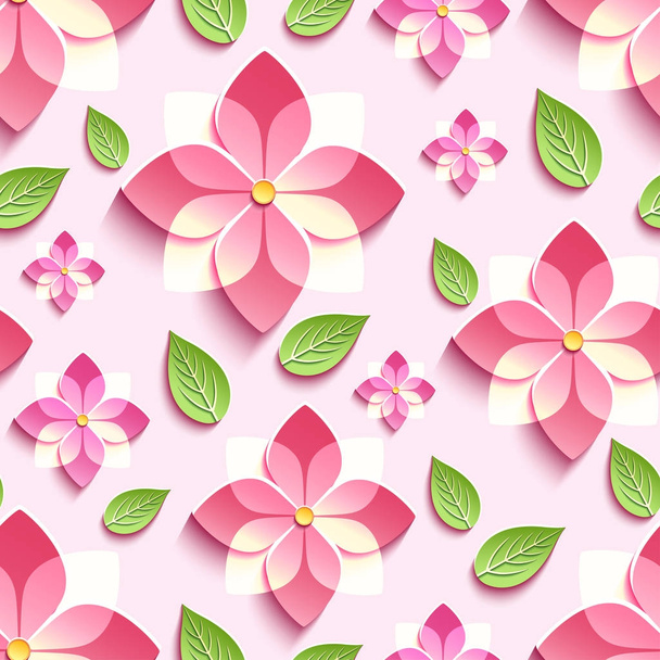Naadloze patroon met roze 3d sakura en groene bladeren - Vector, afbeelding