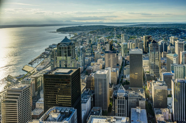 Sunset View from Sky View Observatory over Seattle with Space Ne - Photo, Image