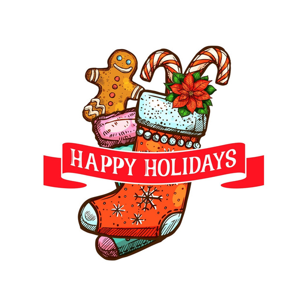 Calcetín de Navidad con tarjeta de felicitación de regalo y galletas
 - Vector, Imagen
