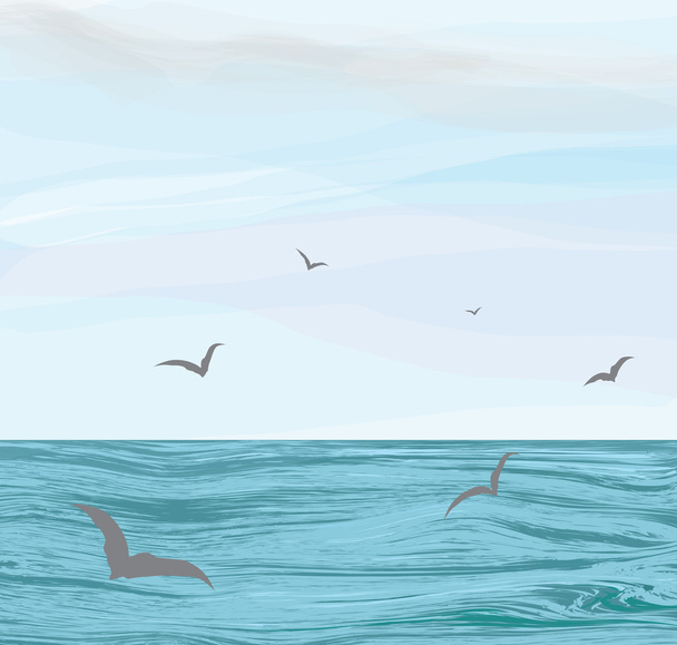 Paisaje marino con superficie de agua ondulada, cielo nublado, gaviotas voladoras
 - Vector, imagen