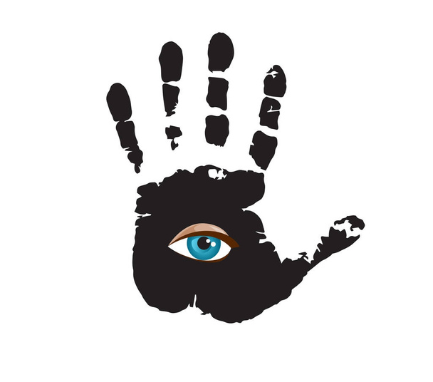 Black hand print with blue all seeing eye inside. - Vector, Image