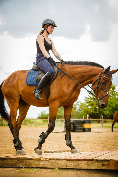 Jockey girl doing horse riding on countryside meadow - Φωτογραφία, εικόνα