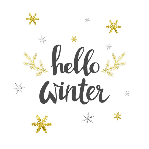Hello winter. Greeting card with gold snowflakes. Design Element - Vector, Image