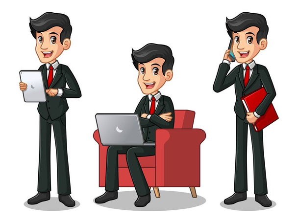Conjunto de hombre de negocios en traje negro trabajando en gadgets
 - Vector, Imagen