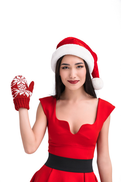 asian woman in santa costume and mitten - Fotoğraf, Görsel