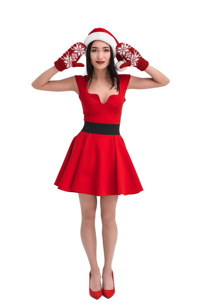 asian woman in santa costume and mittens - Zdjęcie, obraz