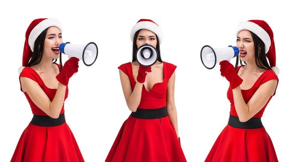 asiatico donna in Santa costume con altoparlante
 - Foto, immagini