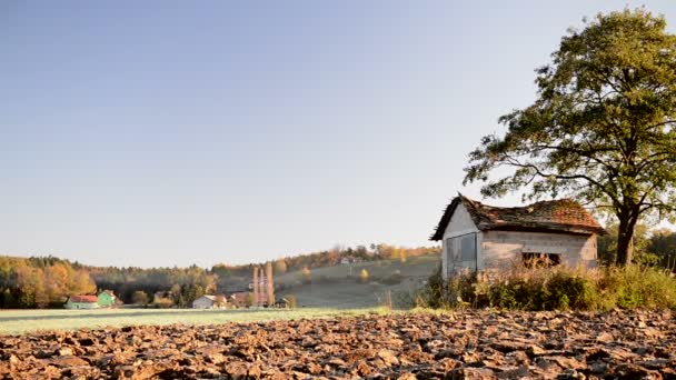 Cabane abandonnée, grange dans le champ au lever du soleil avec arbre à côté
 - Séquence, vidéo