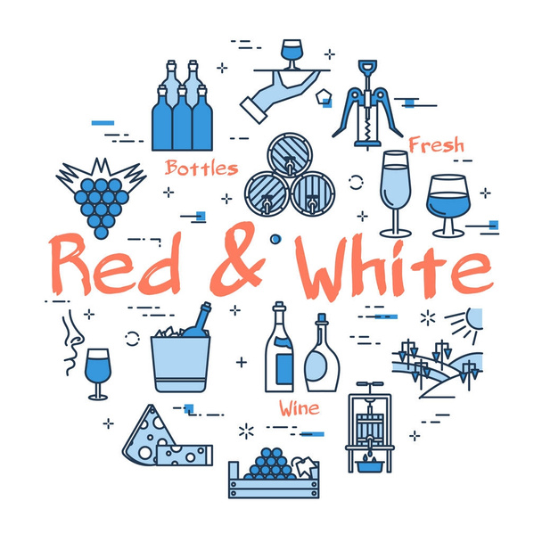 Μπλε γύρο έννοια κόκκινο και λευκό κρασί - Διάνυσμα, εικόνα