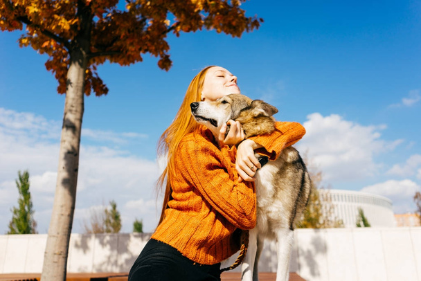 young girl in an orange sweater hugs her dog - Fotoğraf, Görsel
