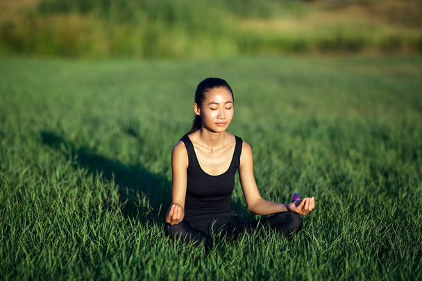 Young woman meditating on grass - Fotoğraf, Görsel