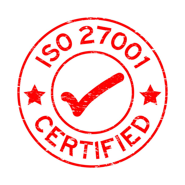 Красный стандарт ISO 27001 сертифицирует круглую резиновую печать на белом
  - Вектор,изображение