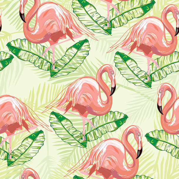 Beautiful seamless vector tropical pattern background with flamingo and hibiscus. Abstract texture, stripes. Perfect for wallpapers, web page backgrounds, surface textures, textile. - Vektor, kép
