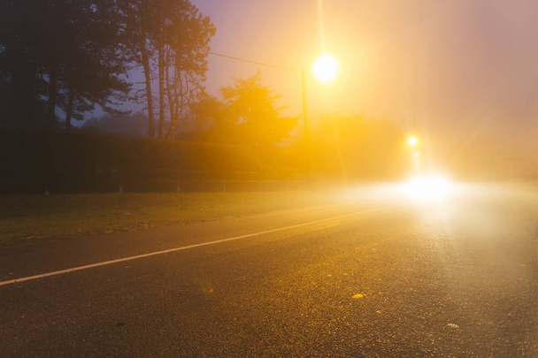 Деревенская асфальтовая дорога в районе Нормандии, Франция в туманный день. Уличные фонари и фары машины ночью. Toned
 - Фото, изображение