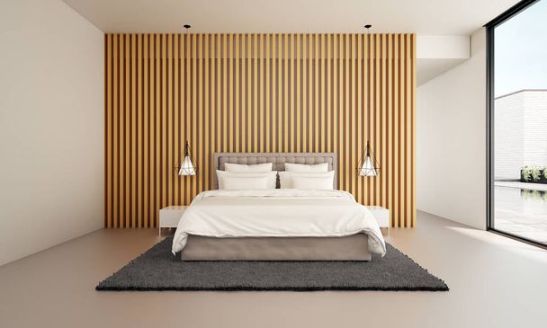 El diseño interior del dormitorio minimalista y la textura de la pared de madera de fondo
 - Foto, Imagen
