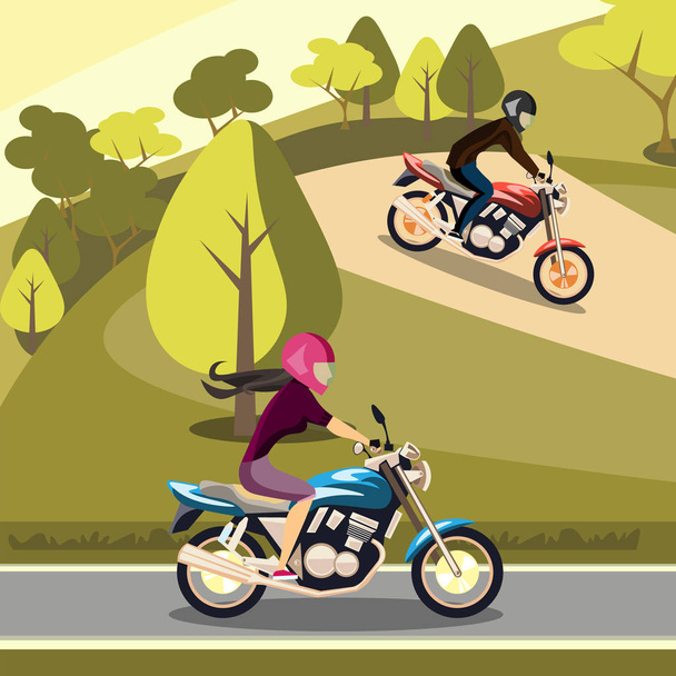 Man and woman riding on their motorbikes. - Vektori, kuva