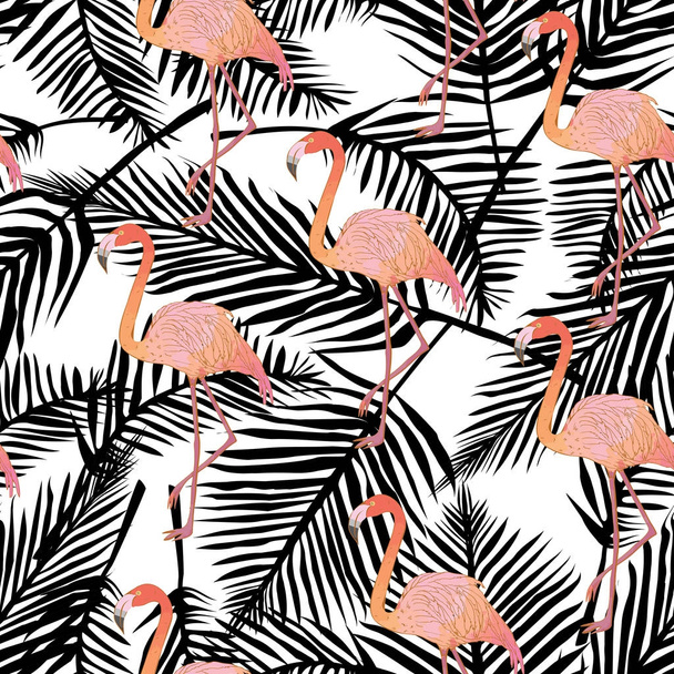 Hermoso fondo de patrón tropical vectorial sin costuras con flamenco e hibisco. Textura abstracta, rayas. Perfecto para fondos de pantalla, fondos de página web, texturas superficiales, textiles
. - Vector, Imagen