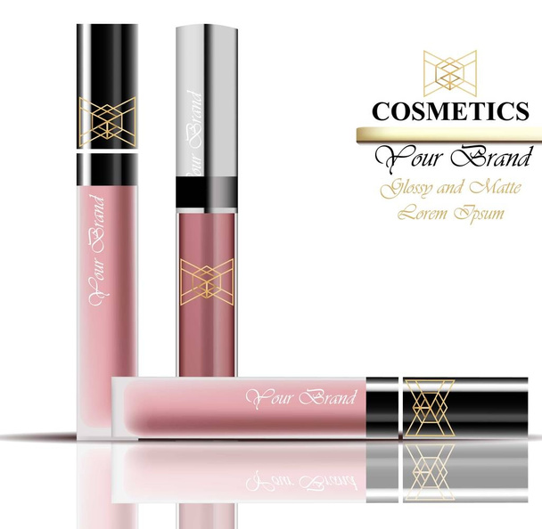 Colorful Realistick lipgloss package in gold. Vector detailed cosmetics product set collections - Вектор, зображення