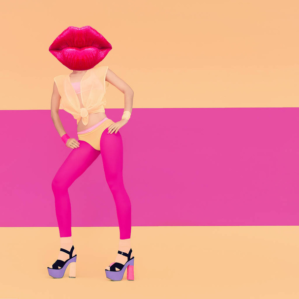 Contemporary art collage. Lady pink lips. Makeup Lipstick concep - Φωτογραφία, εικόνα