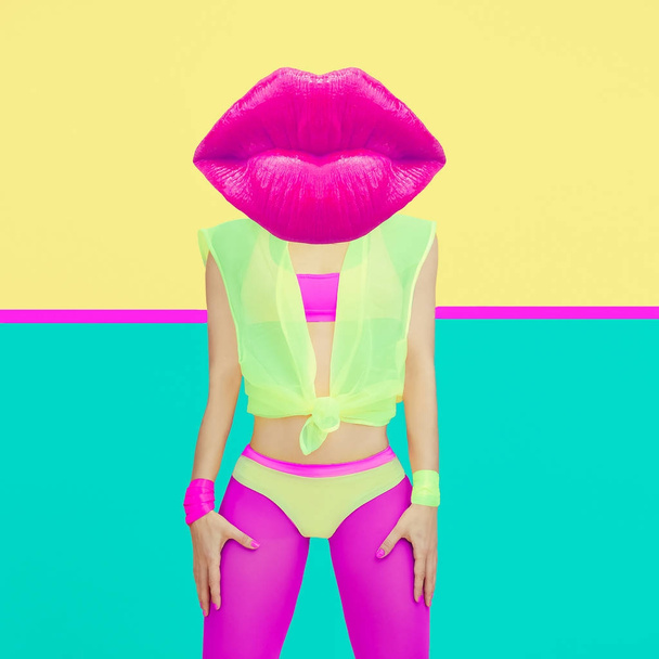 Contemporary art collage. Bright pink lips. Makeup Lipstick conc - Φωτογραφία, εικόνα