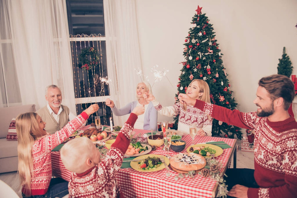 Six gathered cheerful relatives sit and celebrate with sparkles  - 写真・画像