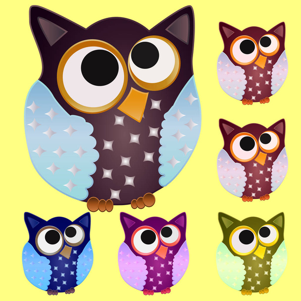 Set of six Brown owl with blue wings in stars and eyes centered on the center - Vector, Image