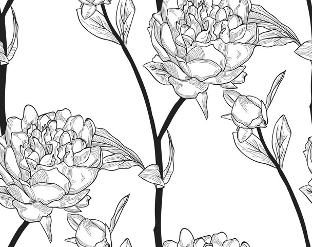 Διάνυσμα μαύρο χωρίς ραφή πρότυπο με συμένος λουλούδια, παιώνια - Διάνυσμα, εικόνα