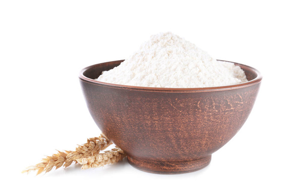 Bowl with flour on white background - Φωτογραφία, εικόνα