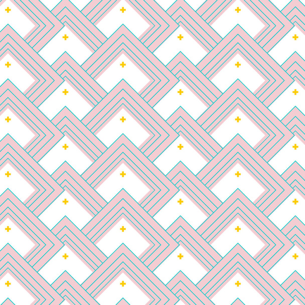Vektor mozaik textúra. Kerámia minimális futurisztikus téglalap ismétlés terjed. Egyszerű modern lineáris művészet rózsaszín, kék, sárga elemekkel. Etnikai grafikus háttér - Vektor, kép
