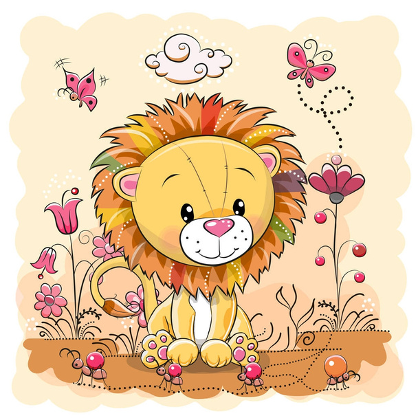 Cute Cartoon Lion on a meadow - Vector, Image