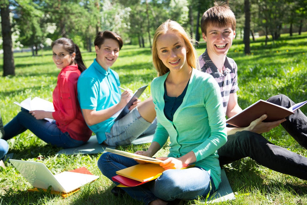 Group of students studying together in campus ground - Foto, Imagen